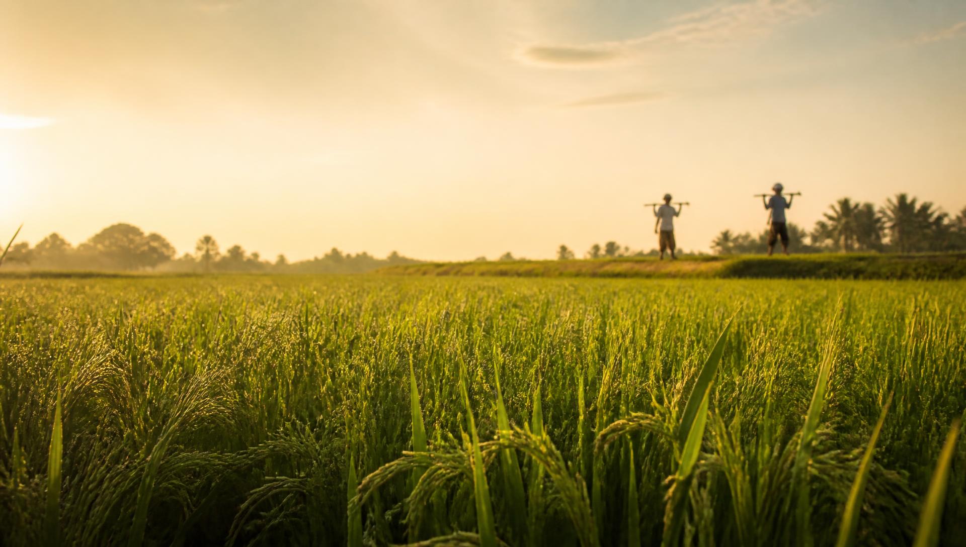 Ripening paddy field in rural Telangana at golden hour